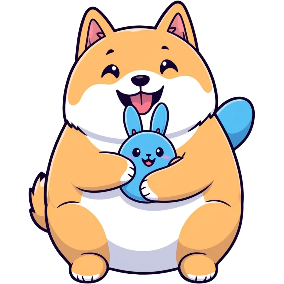 smiling overweight black shiba inu gripping fluffy blue bunny toy in mouth, cheesy aroma vibe, cartoon sticker style emoji