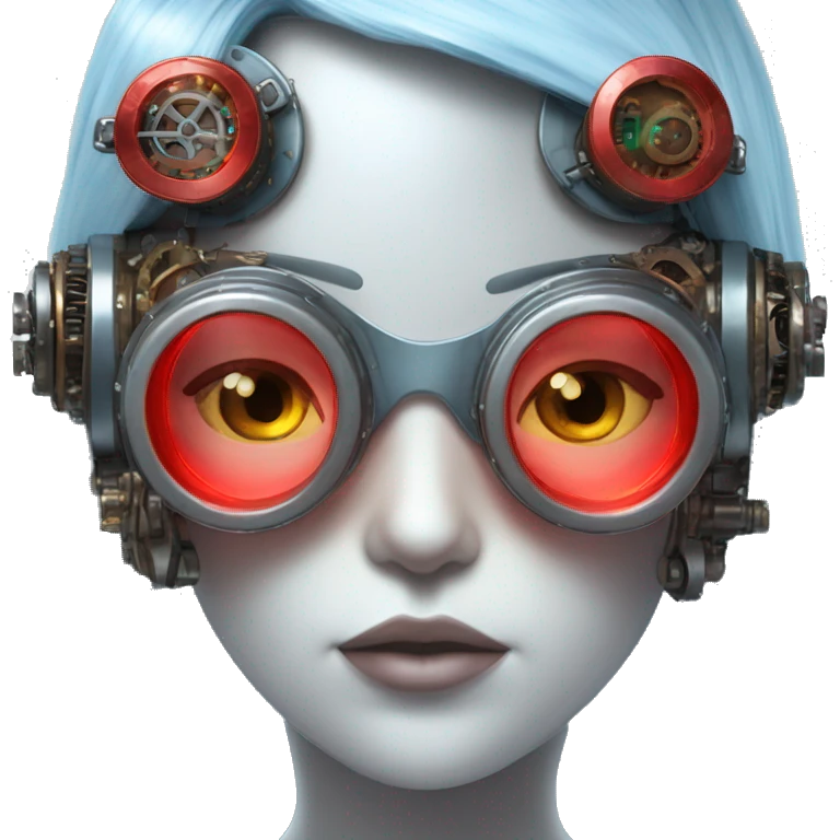 Light blue long hair female cyborg head with red steampunk goggles and circuits emoji