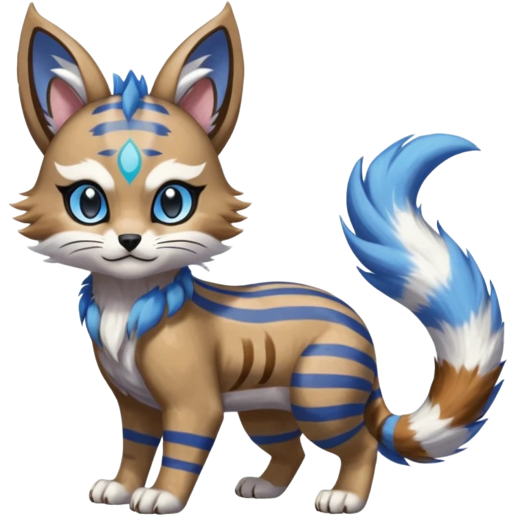 Brown and white-striped Colorful Skilled Adept Graceful Asian Painted WereGarurumon-Meloetta-Ursaring-Furret-fusion-hybrid-creature (full body) with blue rings around eyes, tufted lynx ears emoji