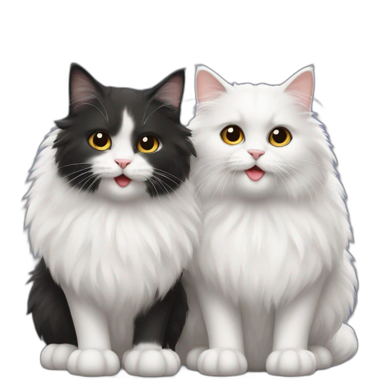 Two cute fluffy cats one black and one white kissing emoji