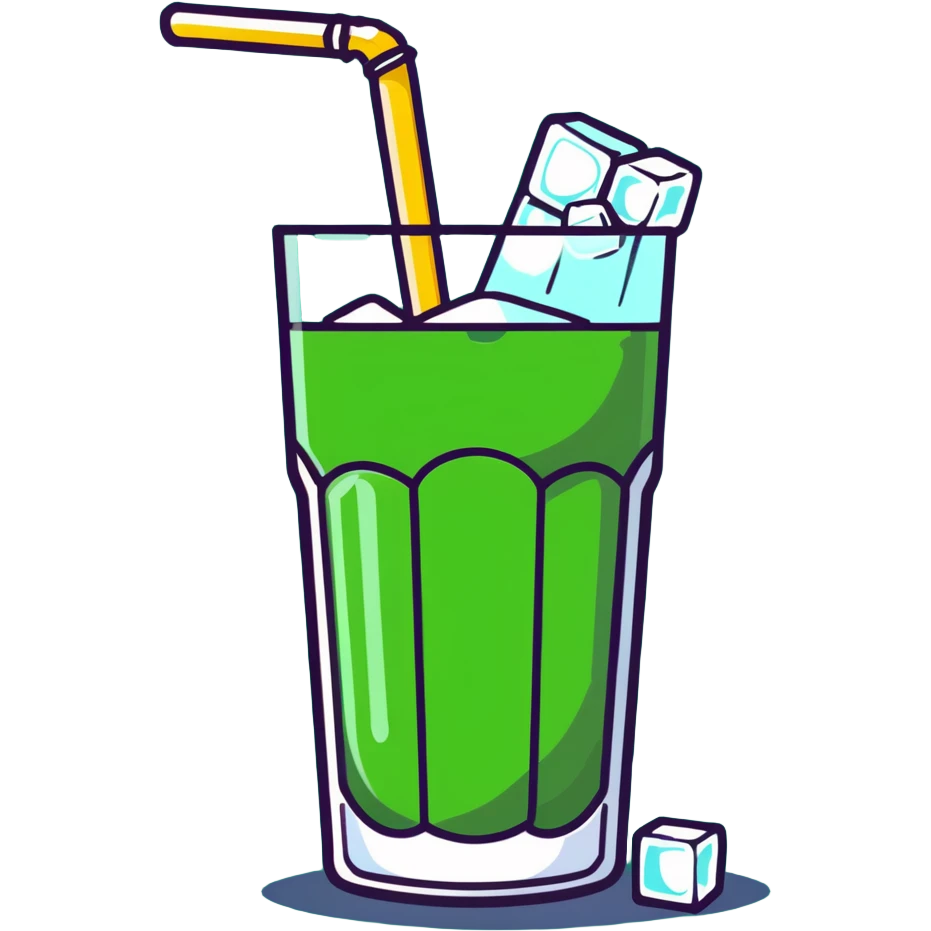 Tall glass of sweet sugarcane juice with ice cubes, light green liquid, straw, and sugar cane stalks beside it emoji
