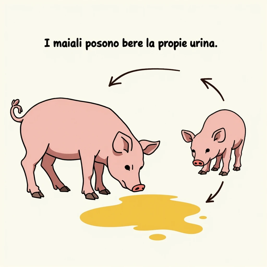 educational realistic illustration of a pig drinking from a yellow puddle, diagram with arrows indicating behavior, Italian text 'I maiali possono bere la propria urina', 4K quality emoji