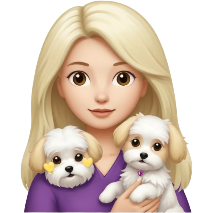 brunette woman and blonde long haired woman holding Maltese dog emoji