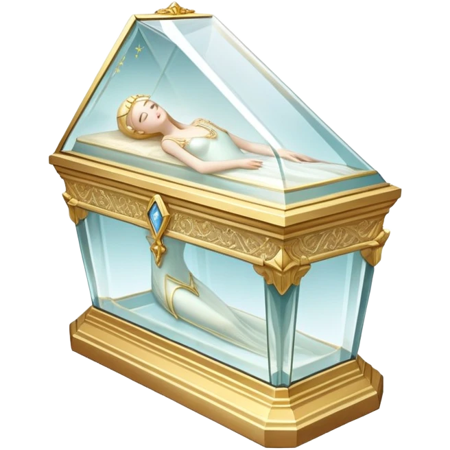 A delicate glass coffin with golden trim, resting on an ornate pedestal. The transparent lid reveals a figure inside, peacefully lying with hands gently folded. Soft light reflects off the glass, adding an ethereal, fairy-tale glow emoji