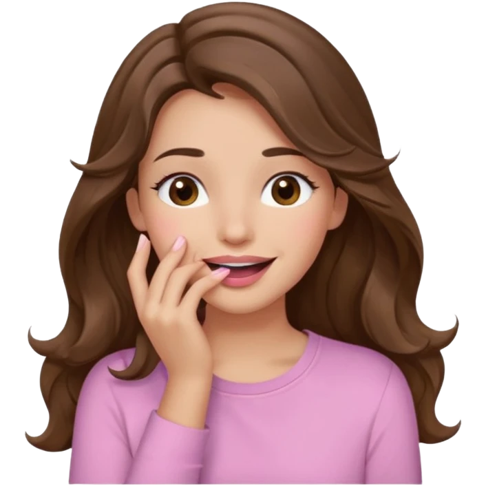 girl with wavy long brown hair, brown eyes, light to medium complexion, long lashes, light pink lipstick, wearing light pink shirt, sexy, gigling hand covering mouth emoji