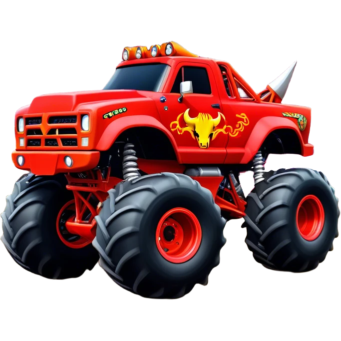El Toro Loco - Monster Jam (Model Year: 2022) (Iconic colour: Red with horns) - An eye-catching monster truck with a wild, rebellious design in bold red. Include stylized, large horn graphics and aggressive facial elements that evoke a bull-like, ferocious appearance, exuding daring and unstoppable force. emoji