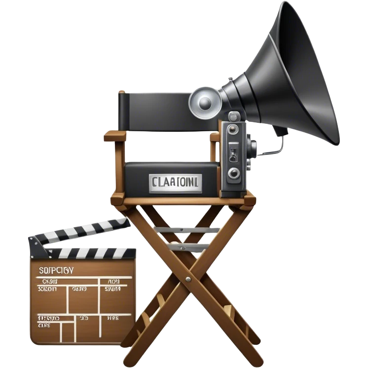 Icon for Directing: a director's chair, a film clapperboard, large movie camera, vintage megaphone and a stage with a spotlight. The icon should represent the creative and organizational aspects of directing, with focus on storytelling, staging, and performance. Transparent background. emoji