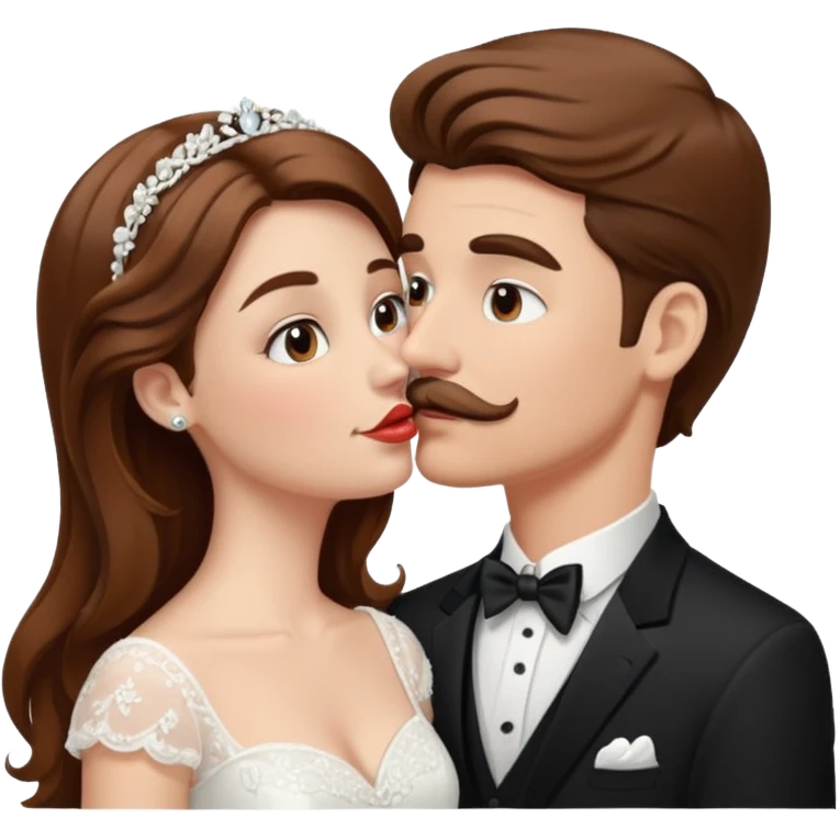 White girl brown hair bride and white groom with moustache kissing emoji