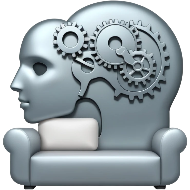 An icon featuring a human head silhouette with gears and a heart inside, symbolizing psychology. The design includes a therapy couch and a speech bubble, representing mental health and communication. Transparent background highlights the study of the human mind and behavior. emoji