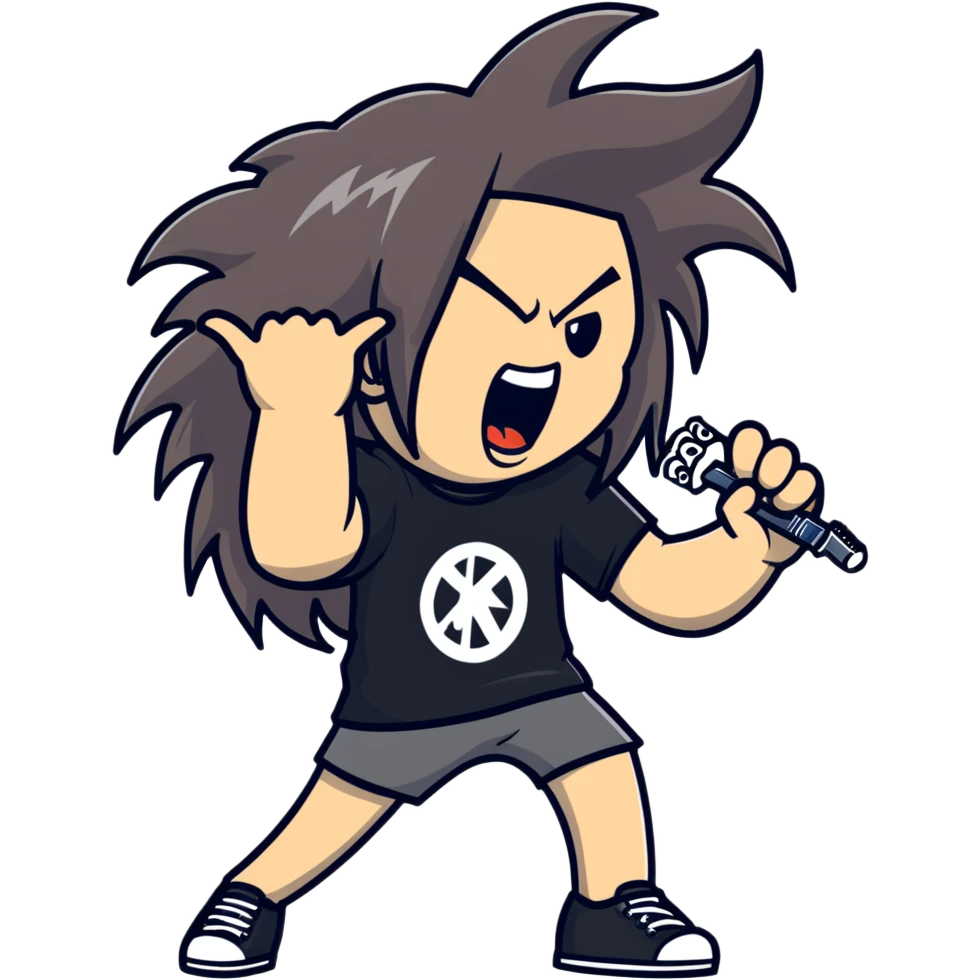 A metalhead headbanging with long hair, wearing a rock band t-shirt, excited expression emoji