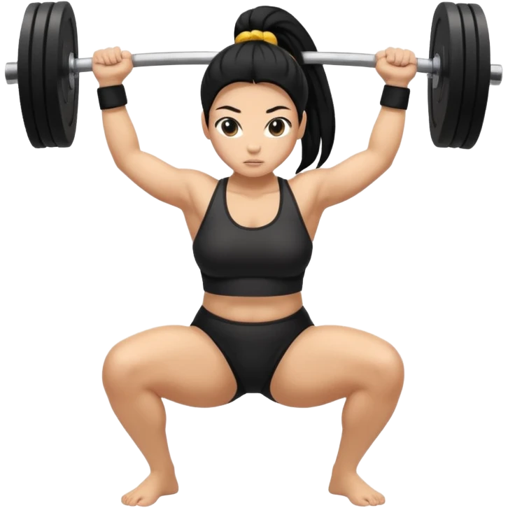 Women with long black ponytail doing a sumo squat with no weights or barbells emoji