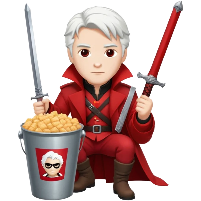Dante from Devil May Cry sitting in a KFC bucket, red coat, white hair, rebellion sword emoji