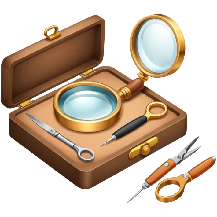 Create an icon that represents the art of jewelry making. The design should feature 1-2 pieces of jewelry, such as a ring or necklace, in progress. Include a small workbench or table, a magnifying glass, and tools like pliers and tweezers. The composition should feel elegant and detailed, showcasing the precision and skill involved in crafting jewelry. The background should be transparent. emoji