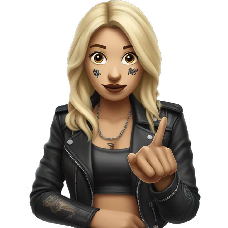 Blonde women with LONG HAIR, in Leather Jacket, Body Covered with Tattoos, POINTING YOU FORWARD with her HAND with INDEX FINGER, Hyper Realistic emoji