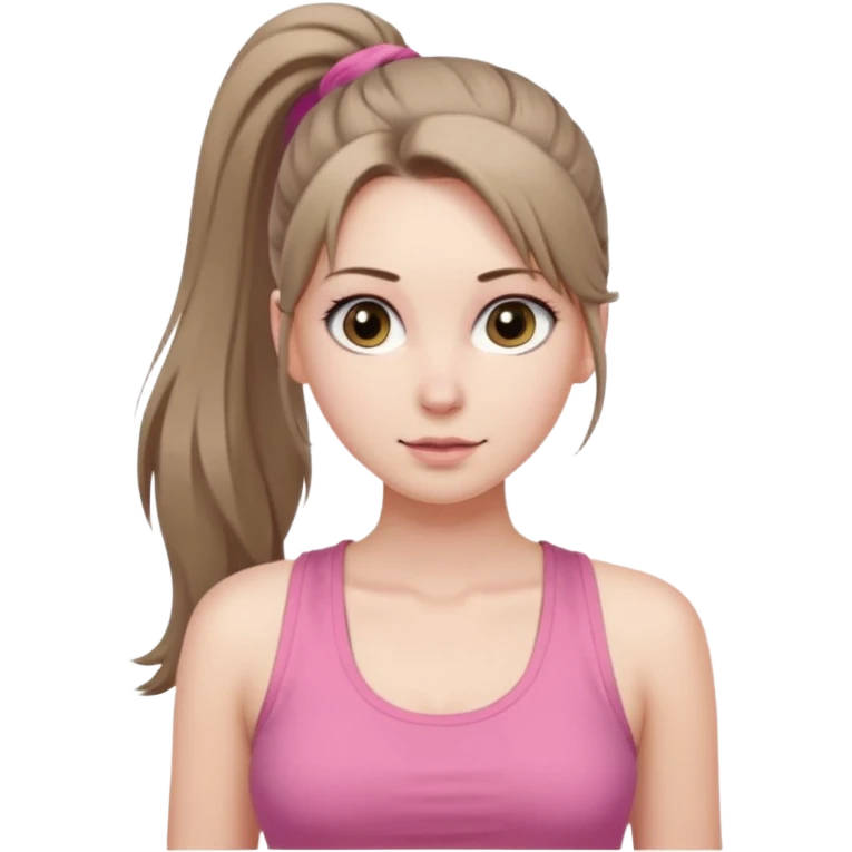 Девушка, бледная кожа, глаза серого цвета, светло русые, длинные волосы, собранные в хвост, розовая майка без рукавов, сиськи  emoji