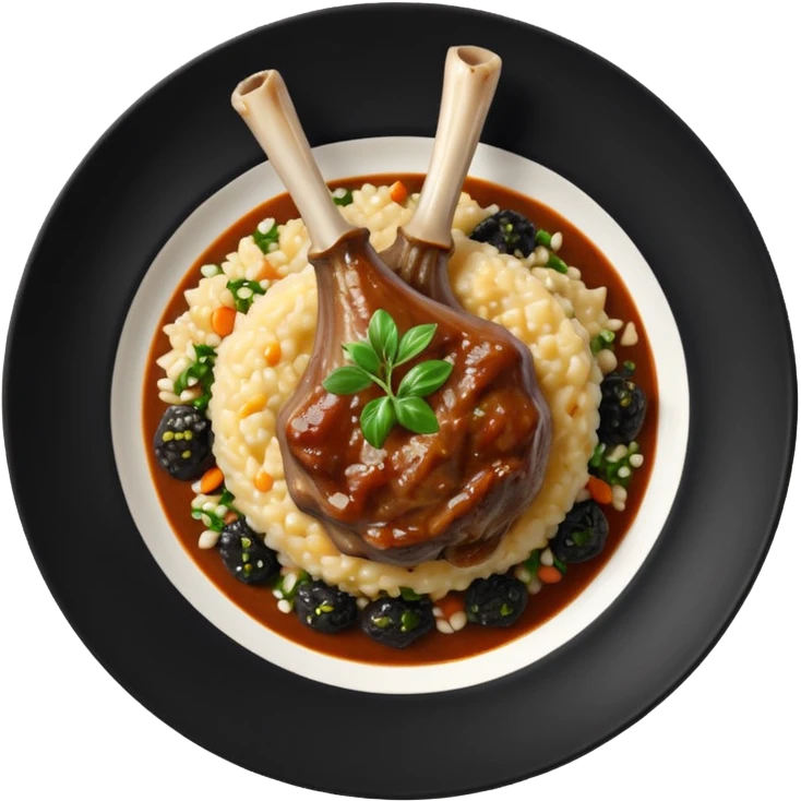 Lamb Shanks with Risotto Nero on a black plate emoji