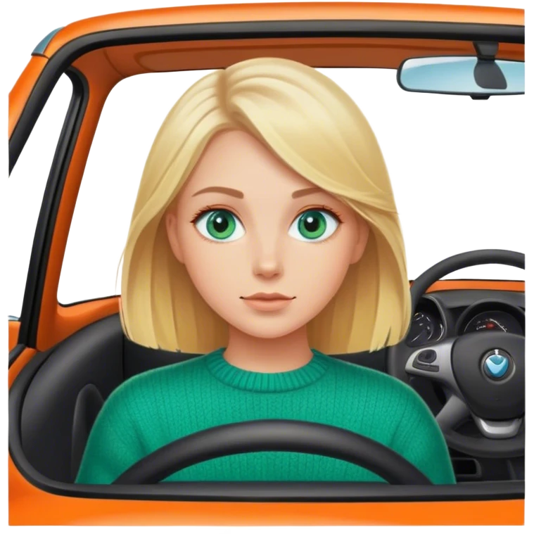 Cinematic realistic blonde with blue eyes, dressed in a green sweater, driving an orange car emoji