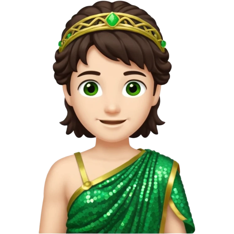 Juno from Roman Deities with long dark brown hair, green sequin toga emoji