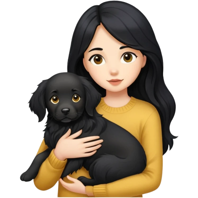 A girl with long black hair is holding a black golden retriever emoji
