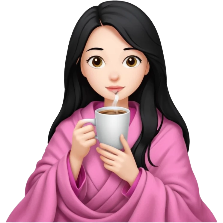 very long black hair pretty girl in a pink blanket sipping coffee emoji