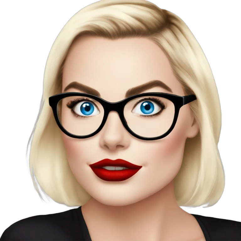 Real Margot Robbie, bright blue eyes and winged eye liner, red kisses, wearing black glasses  emoji