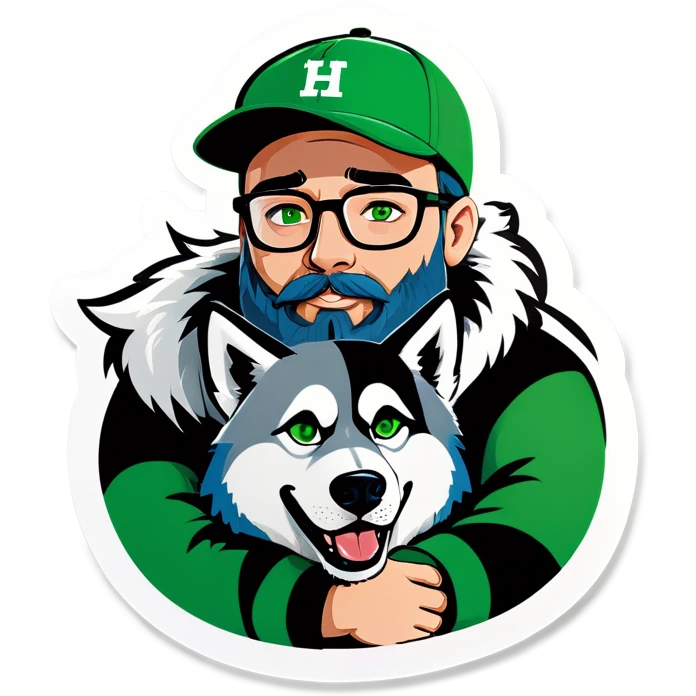 A bold man with a grey baseball cap, green eyes, big beard and glasses hugging a husky emoji