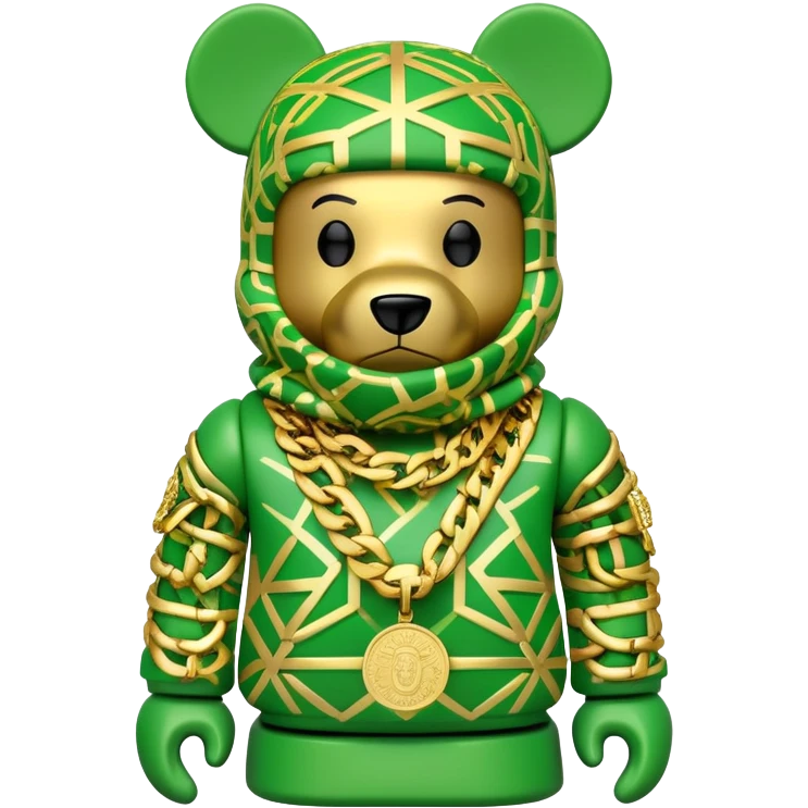 geometric bearbrick with lime balaclava filled with street brand logos graffiti style, wearing multiple heavy gold chains, cuban links and gold medallion, hip hop style emoji