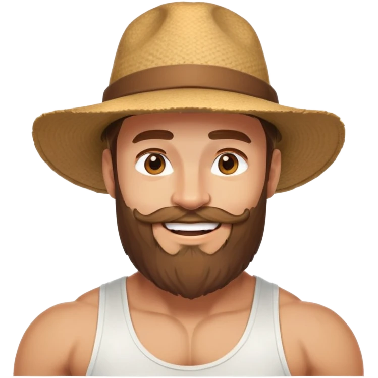 Muscular man with mid-long hair wearing a hat, big beard, smiling, white tank top emoji