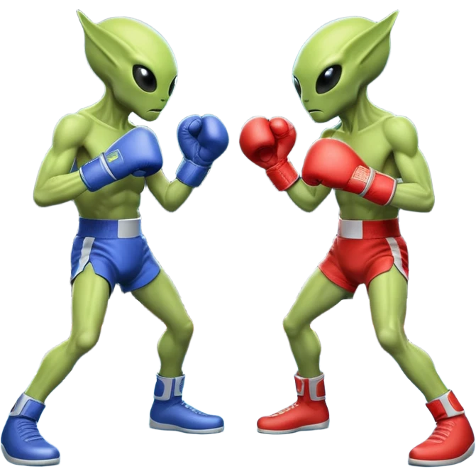 two aliens boxing in a fight stance, facing each other with raised gloves, dynamic action pose, intense expressions, sci-fi arena vibe, 3D cartoon style, mobile game icon style, clean background, no text, no watermark
 emoji