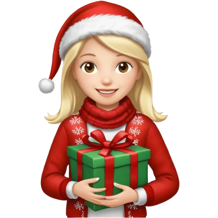a girl wearing a chirstmas jacket and scarf and holding a christmas gift emoji