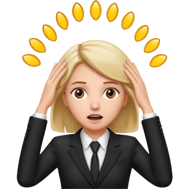 white girl in formal suit surprised, hands on head emoji