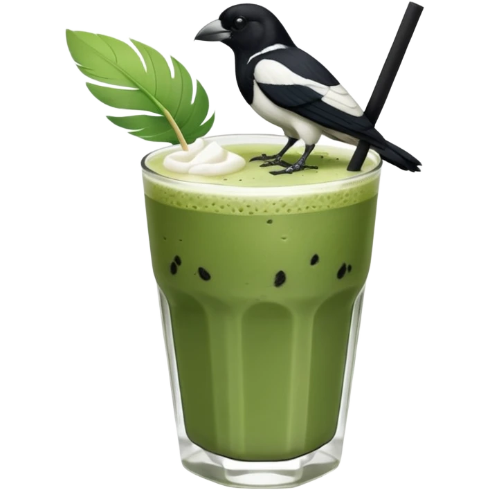  ONE Australien Magpie (just black and white feathers) sitting on an iced matcha latte on the edge of the glass. magpie has green matcha on its beak. matxha latte is in a see through glass and white from the oat milk on the bottom and green without seeds on top… one straw & ice cubes emoji
