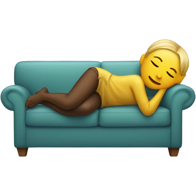 A person lying on a sofa, one leg crossed over the other, with hands behind the head, relaxing in a cozy setting, emoji skin emoji