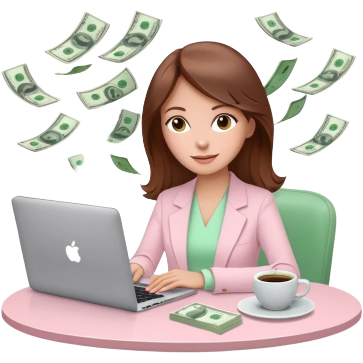  woman character dressed in pastel light pink with laptop and coffee relax table, dollars are floating, white laptop, brownn hair, fair skin,  emoji