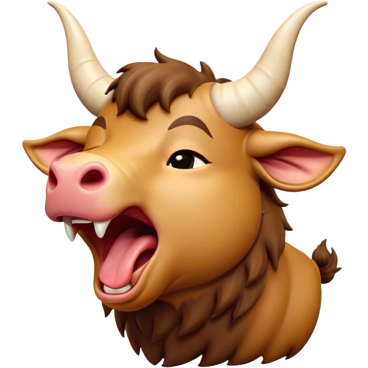 Cinematic Cute Yawning Domestic Ox Portrait Emoji, Head tilted slightly with a dramatic, wide-open yawn, showcasing a soft, textured hide with drooping horns and half-closed, drowsy eyes, Simplified yet irresistibly adorable features, highly detailed, glowing with a soft, cozy natural glow, high shine, relaxed yet expressive, stylized with a dash of pastoral whimsy, soft glowing outline, capturing the essence of a sleepy yet affectionate ox that seems ready to stretch out for a nap! emoji