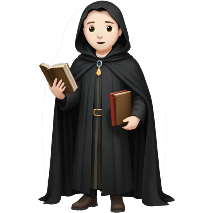 A wandering philosopher in a long black cloak with a book full height emoji