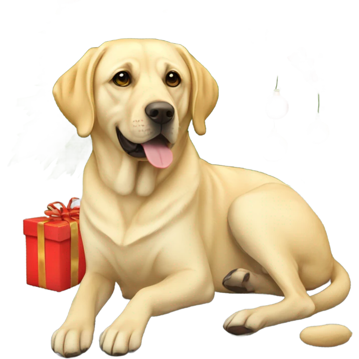 yellow labrador sitting next to a christmas tree emoji