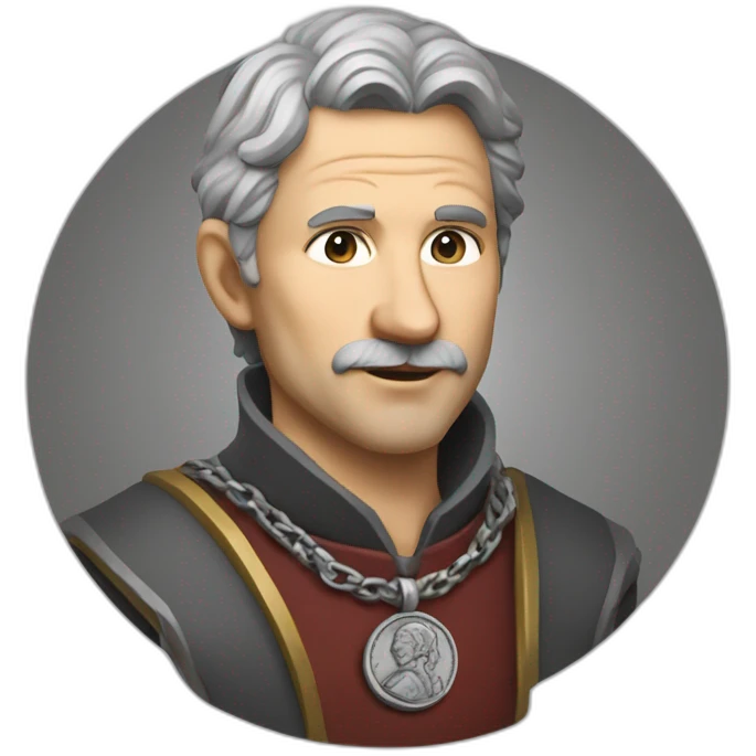 medieval coin engravers guild leader, 50 years old, grey hair, bust, has a necklace with a coin, has a coin in one hand emoji