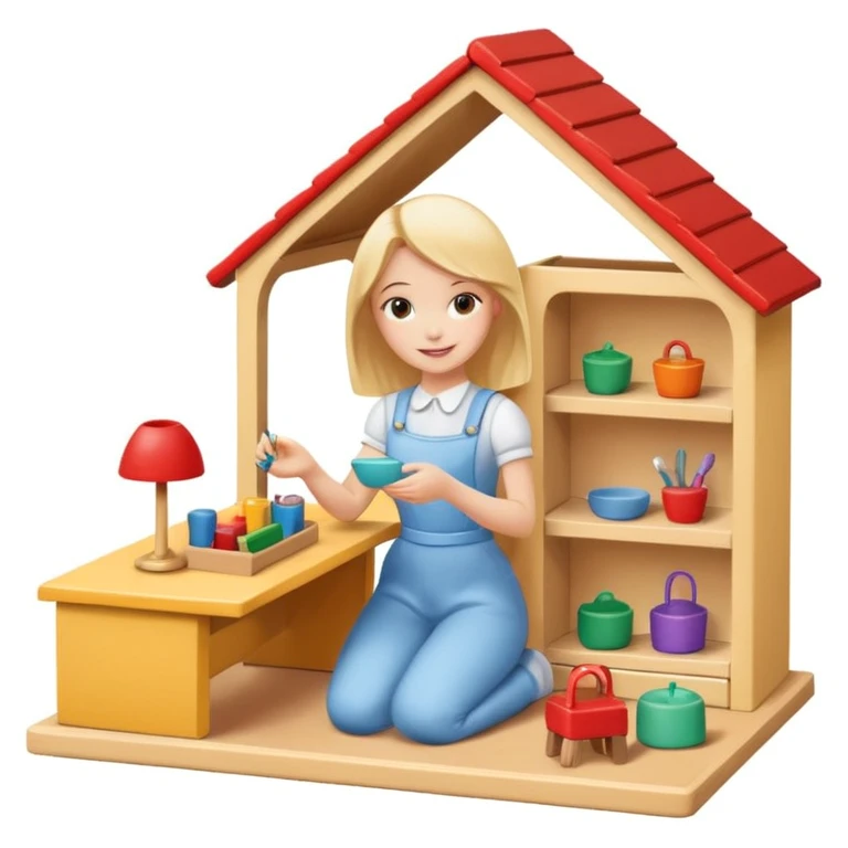 smiling girl arranging furniture in doll house emoji