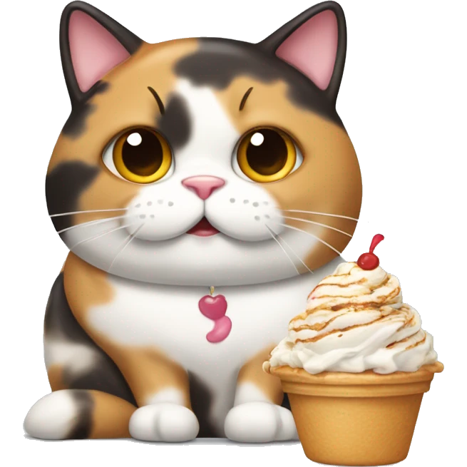 Fat calico cat with sundae emoji