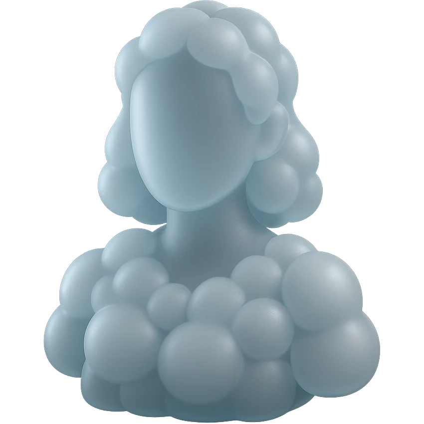 faceless person, facing straight, fully composed of white fluffy convex clouds, shoulder length, no shadows, matte glass style emoji