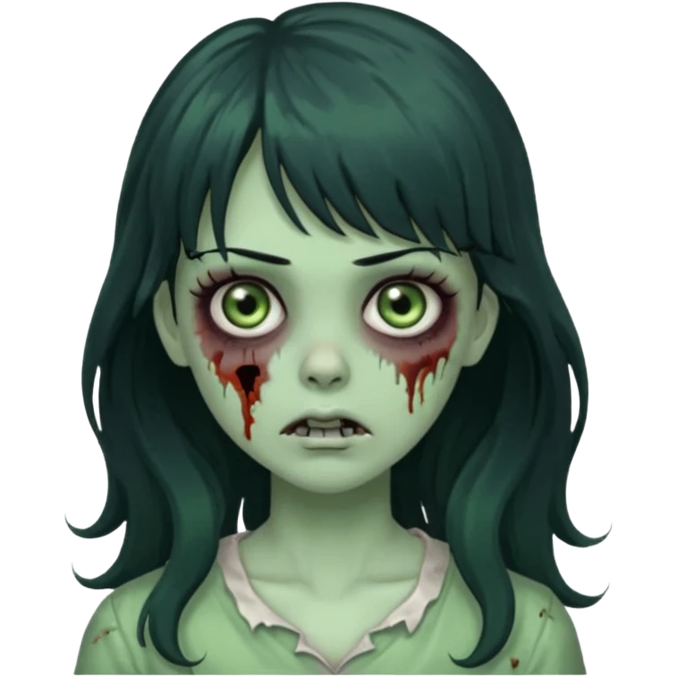 Zombie Green girl with long wavy black hair and bangs. emoji