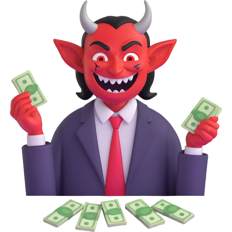 sinister demon salesman counting money with evil smile emoji