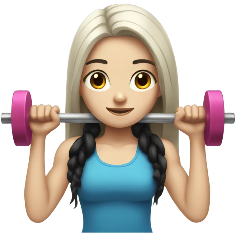 Pale girl with long black hair lifting weights emoji