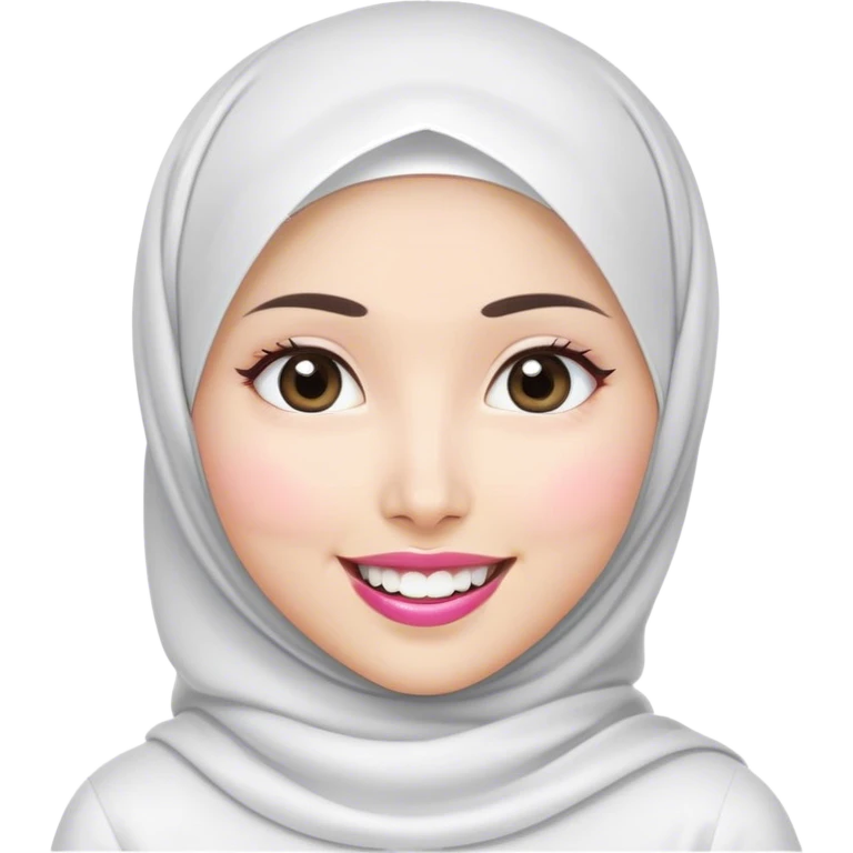 Asian white woman hijab, her hijab color are white, her face is small oval, her face is firm, her lips are pink, her eyes are shining, her face looks happy showing her teeth, her eyes are also smiling, her outfit color are white emoji