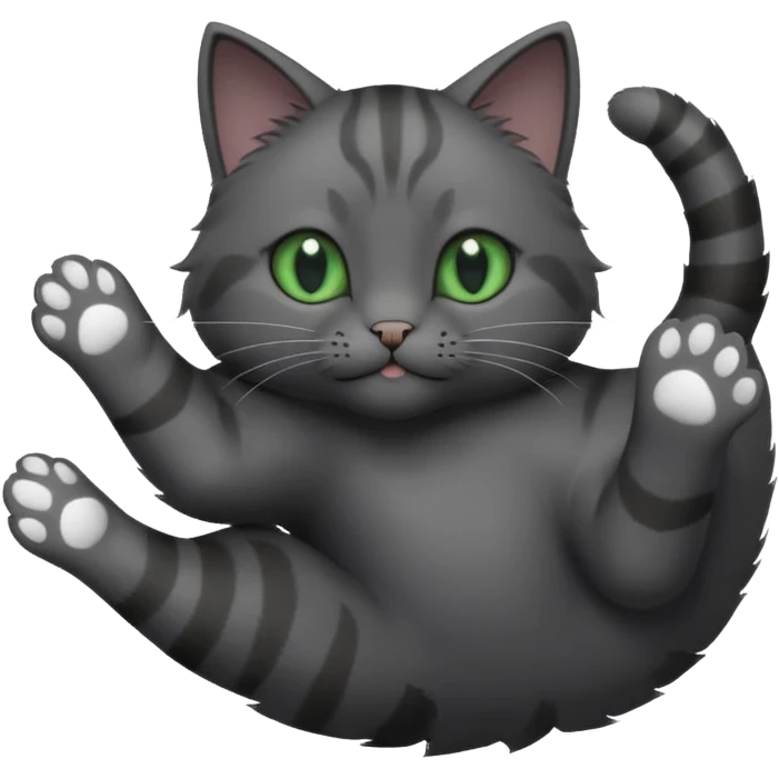 solid dark grey cat with green eyes, completely solid grey face, white toes/paws playfully rolling upside down emoji