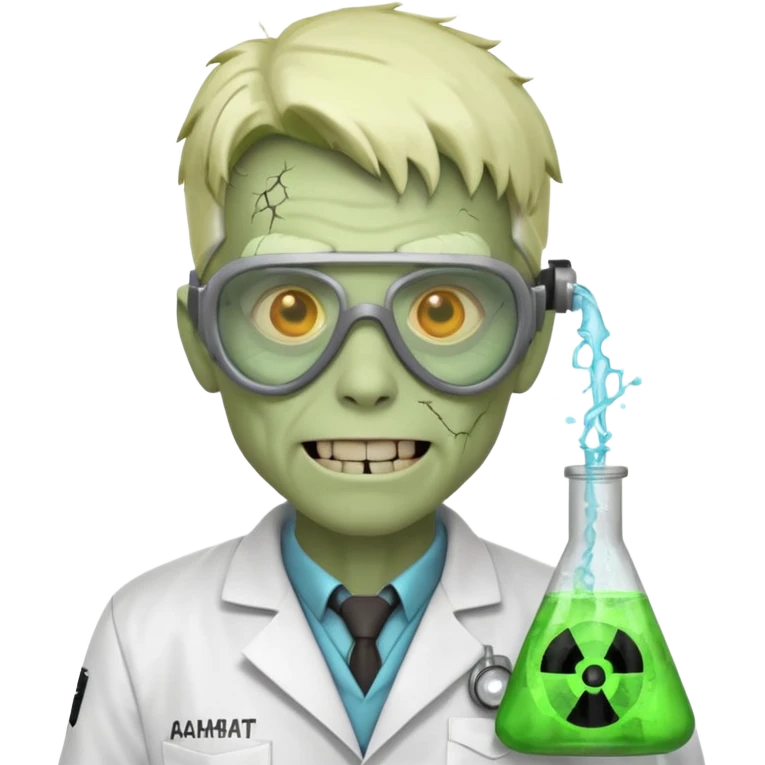 radioactive zombie scientist portrait, head and shoulders only, glowing toxic veins, cracked goggles, lab coat with radiation badge, sinister smile, 3D cartoon, mobile game icon style, clean background, no text, no watermark
 emoji