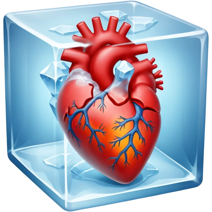 An artistic depiction of a human heart frozen in time, encased in a crystal-clear ice cube, symbolizing emotional coldness and isolation, cinematic lighting, high detail emoji