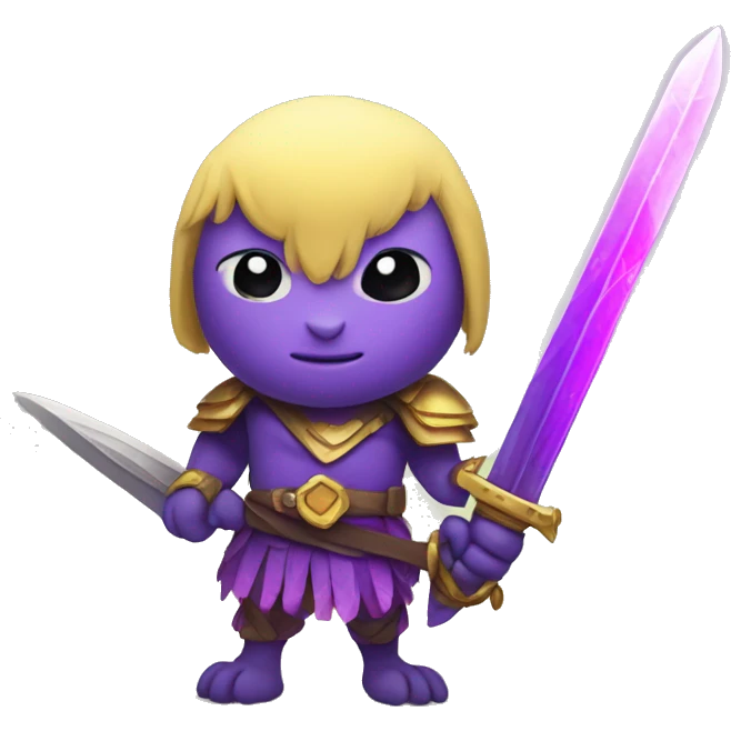 A purple parakeet warrior, wielding a glowing purple sword emoji