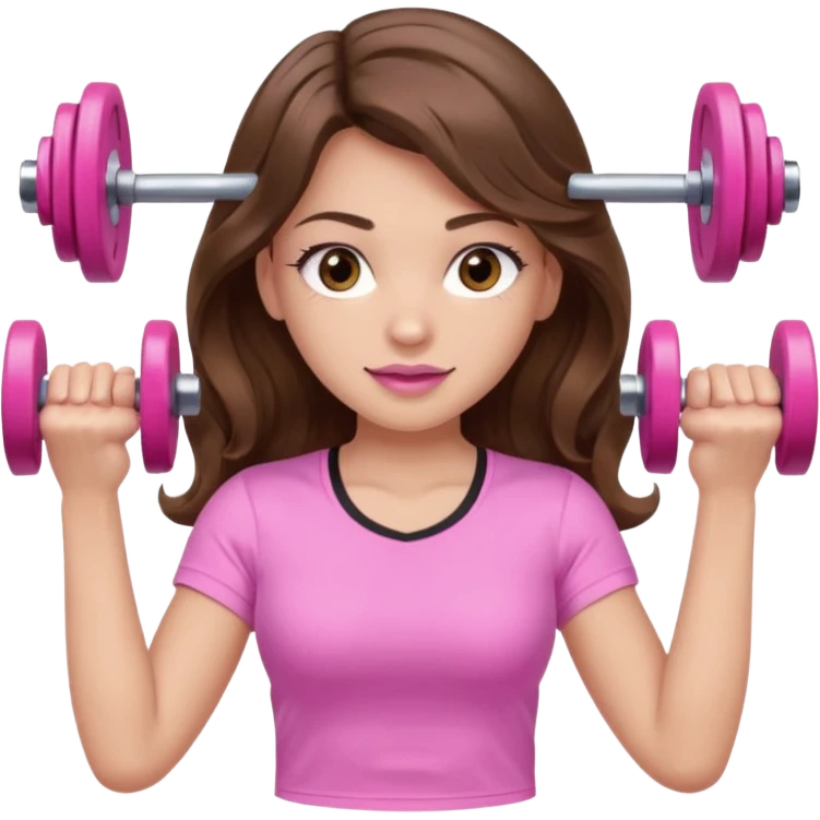 girl with wavy long brown hair, brown eyes, light to medium complexion, long lashes, light pink lipstick, wearing light pink shirt, lifting a pink dumbbells in a sports top emoji